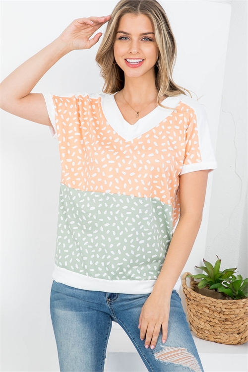 S12-4-3-PPT20973-PCHSG - SOLID BANDS ANIMAL PRINT TOP- PEACH-SAGE-IVORY 1-2-2-2