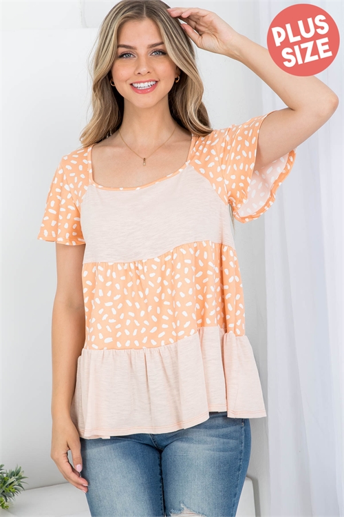 S14-3-3-PPT20974X-PCHPCHOFW - SQUARE NECKLINE PRINTED CONTRAST SLUB TOP- PEACH-PEACH/OFF WHITE 3-2-1