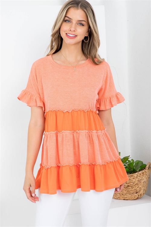 S12-9-3-PPT20975-ORG - SOLID TIERED RUFFLE RIB TOP- ORANGE 1-2-2-2