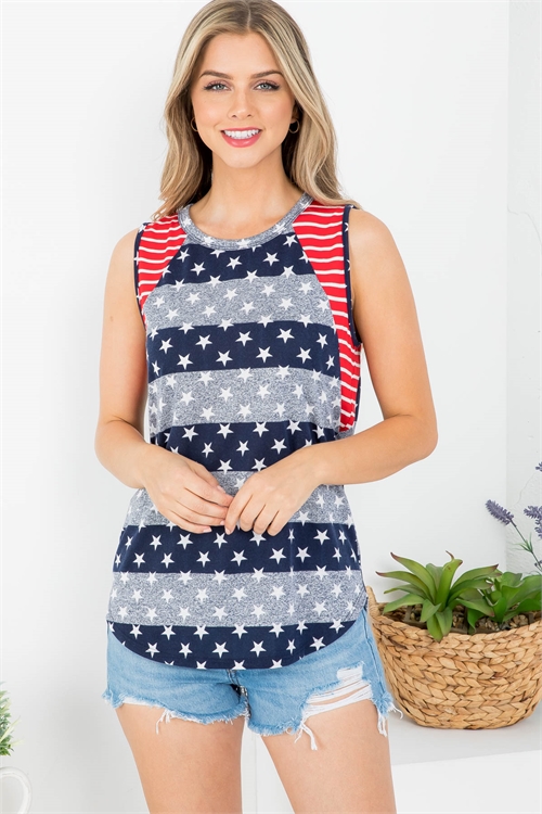 S15-10-2-PPT20980-NVRDIV - COLOR BLOCK STRIPES STAR PRINT TANK TOP- NAVY-RED/IVORY 1-2-2-2