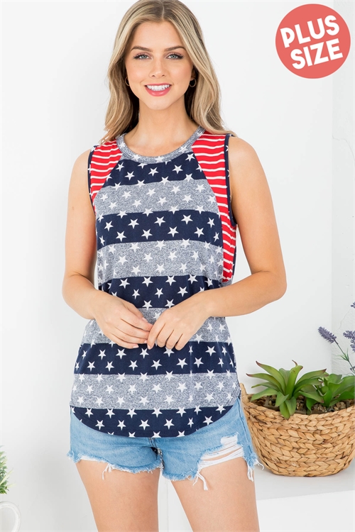 S8-13-4-PPT20980X-NVRDIV - PLUS SIZE COLOR BLOCK STRIPES STAR PRINT TANK TOP- NAVY-RED/IVORY 3-2-1