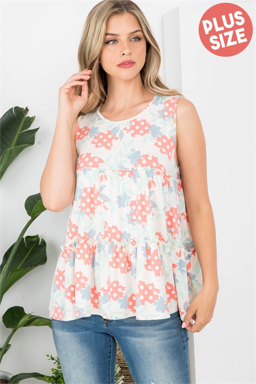 S15-5-1-PPT20985X-IV - PLUS SIZE FLORAL PRINT PULL MERROW TANK TOP- IVORY 3-2-1 (NOW $3.25 ONLY!)