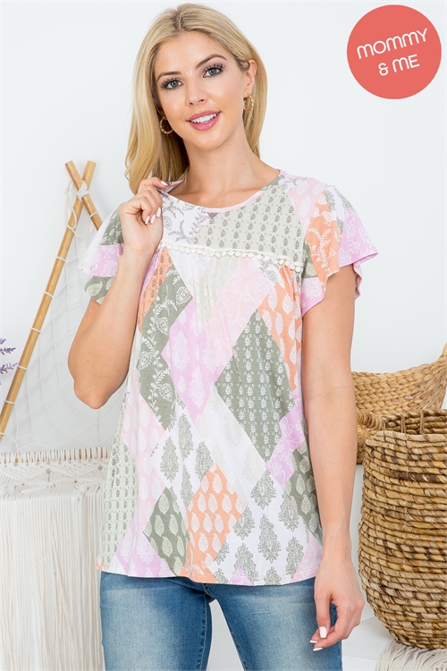 S4-9-3-PPT20986-PKSG - MULTI PATTERN POMPOM DETAIL TOP- PINK/SAGE 1-2-2-2