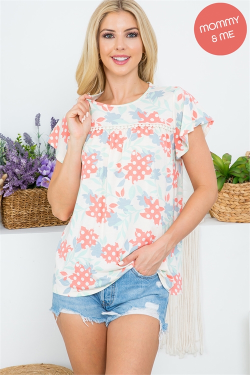 S15-11-2-PPT20987-IV - RAFFLE SLEEVE POMPOM DETAIL FLORAL TOP- IVORY 1-2-2-2 (NOW $ 2.75 ONLY!)