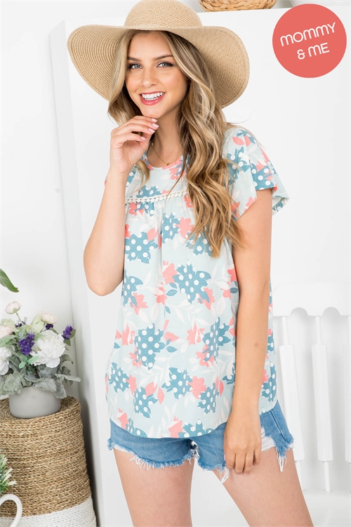 S15-12-1-PPT20987-MNT - RUFFLE SLEEVE POMPOM DETAIL FLORAL TOP- MINT 1-2-2-2 (NOW $ 2.75 ONLY!)