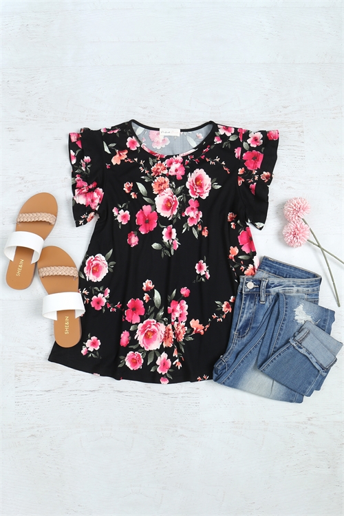 S12-2-4-PPT20990-BKFCH - FLORAL RUFFLE SLEEVE ROUND NECK TOP- BLACK FUCHSIA 1-2-2-2 (NOW $5.75 ONLY!)