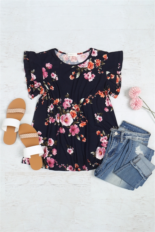 S11-9-4-PPT20990-NV - FLORAL RUFFLE SLEEVE ROUND NECK TOP- NAVY 1-2-2-2 (NOW $5.75 ONLY!)