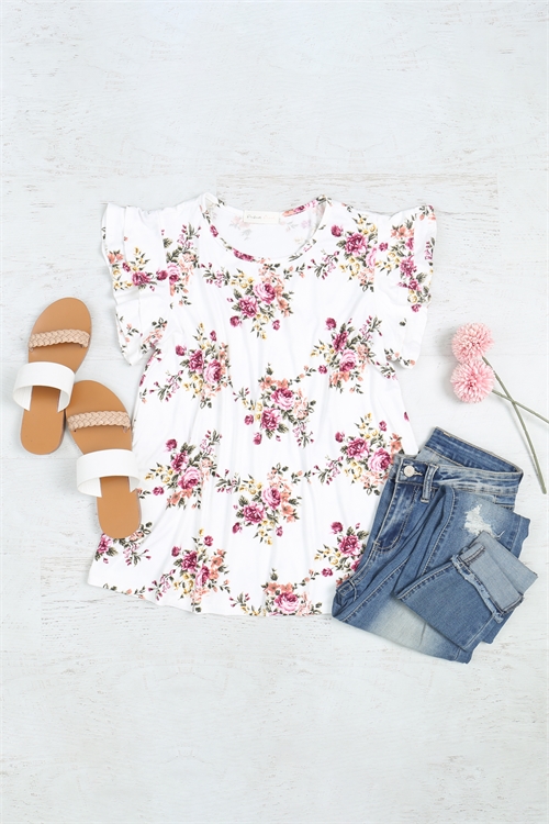 S11-13-4-PPT21001-IVRS - FLORAL RUFFLE SLEEVE ROUND NECK TOP- IVORY ROSE 1-2-2-2 (NOW $5.75 ONLY!)