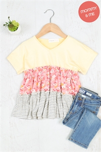 S8-11-3-PPT21007TK-BNN-1 - KIDS SHORT SLEEVE FLORAL STRIPES CONTRAST TOP- BANANA PINK/MELLOW-HEATHER GREY/IVORY 1-1-0-1-1-0-1-1