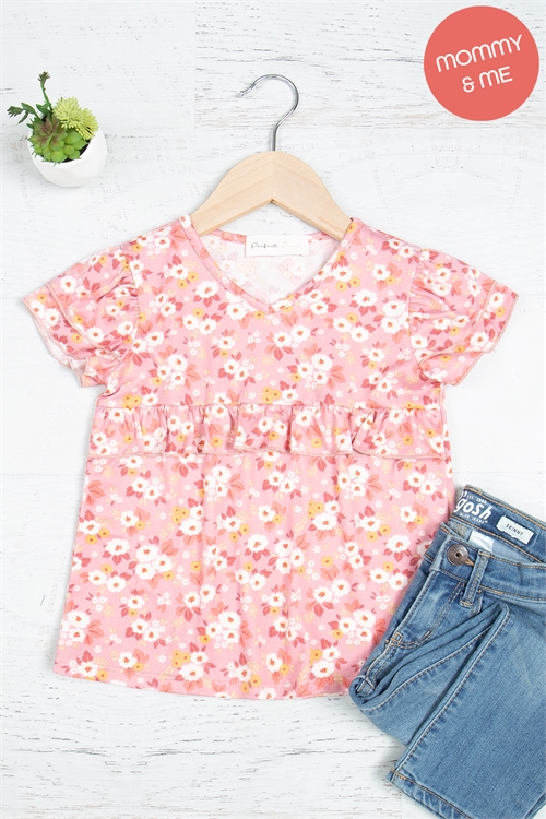 S15-11-4-PPT21008TK-PKMYLW - KIDS V-NECK SHIRRING DETAIL FLORAL TOP- PINK/MELLOW YELLOW 1-1-1-1-1-1-1-1