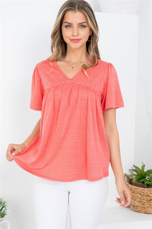 S12-2-2-PPT21010-CRL - SHORT SLEEVE TRI-BLEND PLEATED TOP- CORAL 1-2-2-2