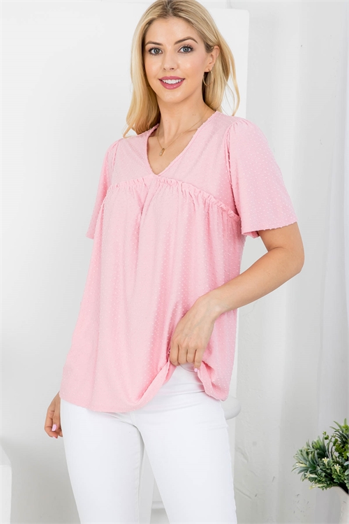 S13-5-1-PPT21011-PK - SHORT SLEEVE SWISS DOT PLEATED TOP- PINK 1-2-2-2