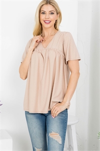 S9-4-4-PPT21011-TP - SHORT SLEEVE SWISS DOT PLEATED TOP- TAUPE 1-2-2-2