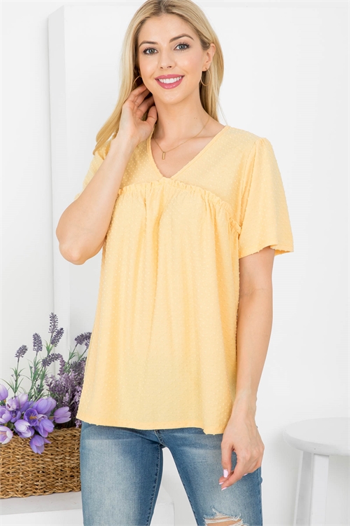 S12-7-1-PPT21011-YLW - SHORT SLEEVE SWISS DOT PLEATED TOP- YELLOW 1-2-2-2