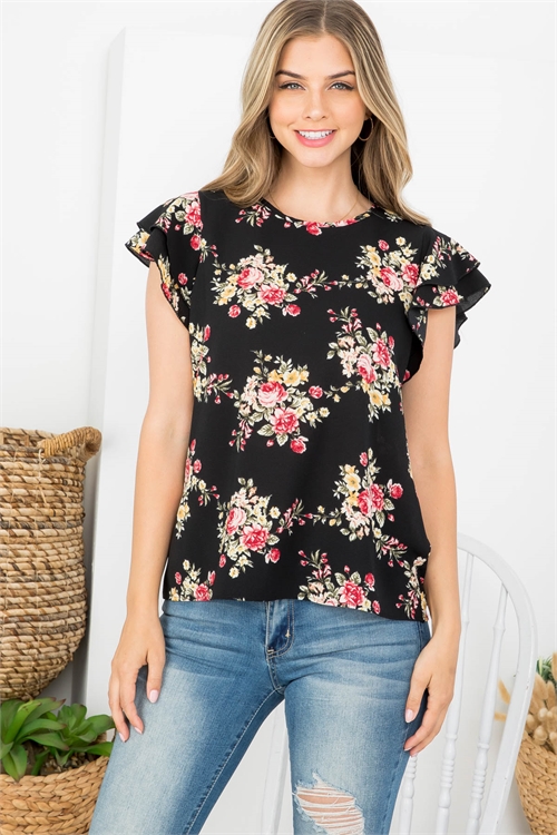 S4-8-3-PPT21013-BK - FLORAL RUFFLE SLEEVE ROUND NECK BLOUSE- BLACK 1-2-2-2