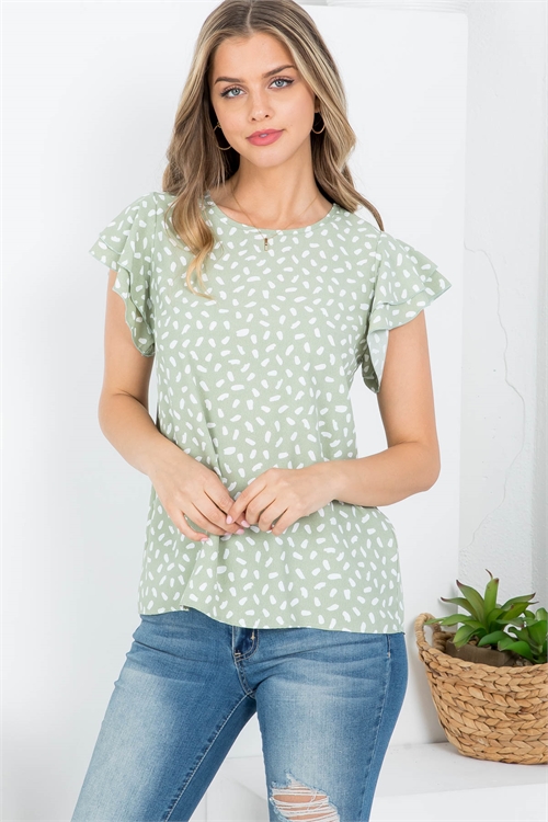 C82-B-PPT21019-SGOFW-A - PRINTED BUTTERFLY SLEEVE ROUND NECK TOP- SAGE/OFF WHITE 5-2-0-2