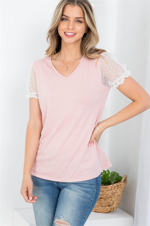 S12-3-2-PPT21021-PCHIV - EYELET RUFFLE SLEEVE V-NECK TOP- PEACH-IVORY 1-2-2-2