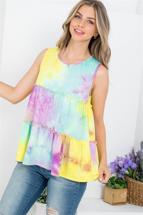 S12-8-2-PPT21023-MGTYLW - TIE DYE PULL MERROW TIERED TANK TOP- MAGENTA YELLOW 1-2-2-2 (NOW $ 2.75 ONLY!)