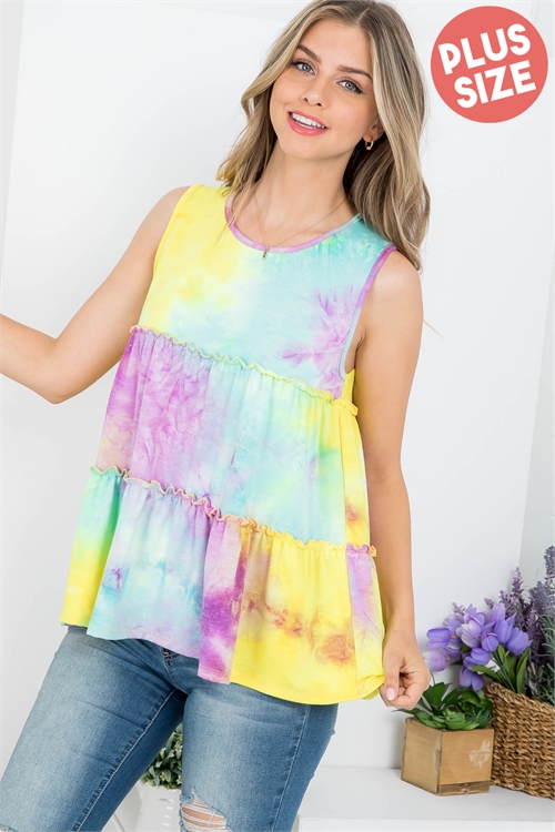 S10-11-4-PPT21023X-MGTYLW - PLUS SIZE TIE DYE PULL MERROW TIERED TANK TOP- MAGENTA YELLOW 3-2-1