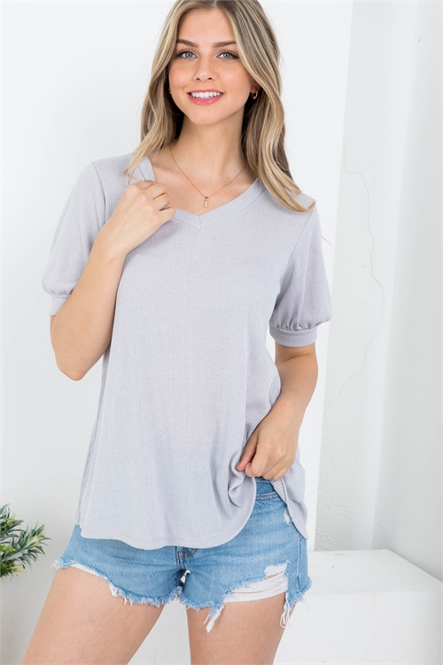 C70-B-PPT21025-LTGY-A - PUFF SLEEVE V-NECK BELLA RIB TOP- LIGHT GREY 5-3-0-0