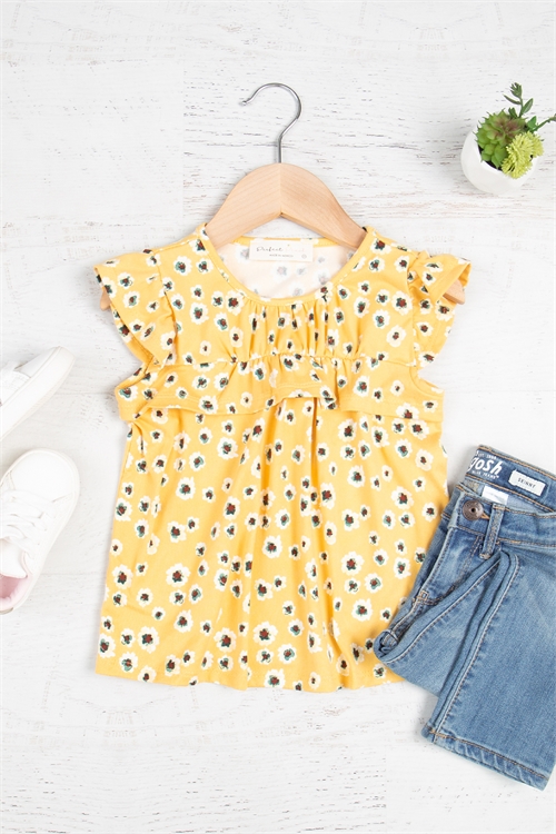 S14-9-4-PPT21027TK-MUCB - KIDS RUFFLE CAP SLEEVE SHIRRING DETAIL FLORAL TOP- MUSTARD COMBO 1-1-1-1-1-1-1-1 (NOW $5.75 ONLY!)