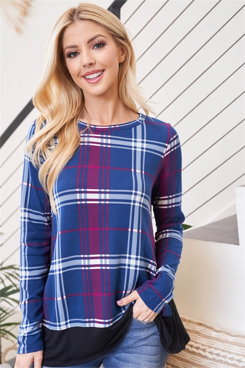 S9-7-2-PPT2103-NVBK - SOLID HEM AND SIDE CONTRAST PLAID TOP- NAVY/BLACK 1-2-2-2