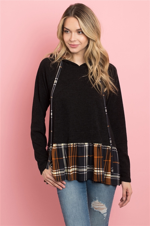 S11-14-3-PPT2104-BK - SELF TIE PLAID RUFFLE HEM TWO TONE HOODIE- BLACK 1-2-2-2