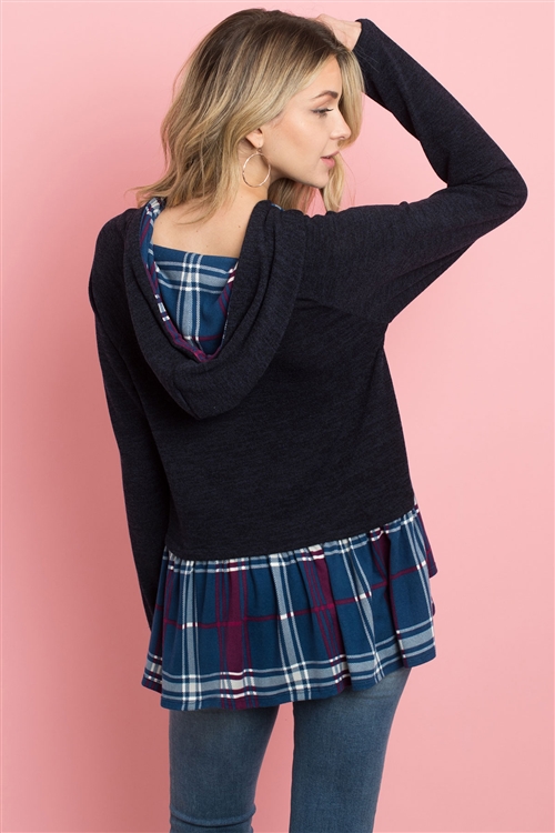 S11-14-3-PPT2104-NV - SELF TIE PLAID RUFFLE HEM TWO TONE HOODIE- NAVY 1-2-2-2