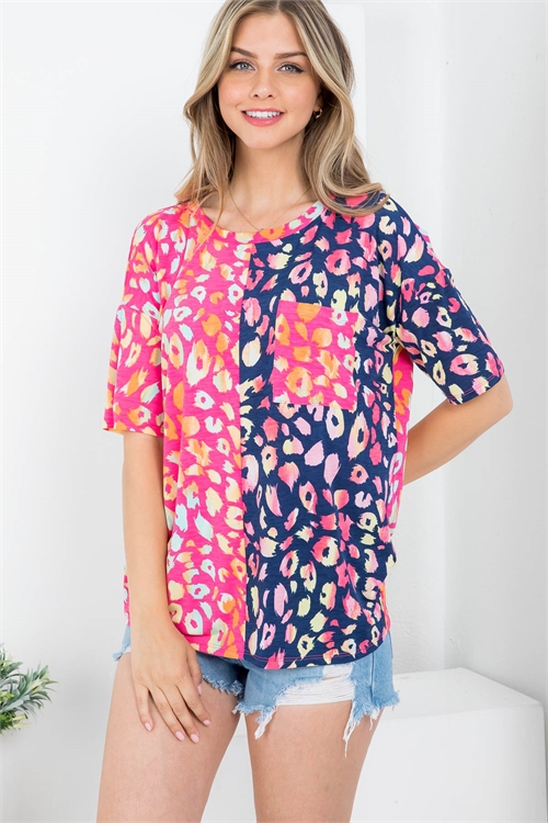 S11-15-3-PPT21043-FCHNV - HALF SLEEVE COLOR MULTI LEOPARD POCKET TOP- FUCHSIA-NAVY 1-2-2-2