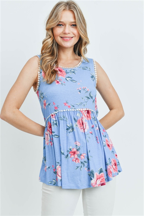 S13-12-2-PPT2105-DSTBL - FLORAL SLEEVELESS CINCH WAIST LACE DETAIL TOP- DUSTY BLUE 1-2-2-2