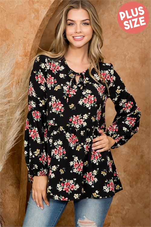 S4-7-1-PPT21051X-BK - PLUS SIZE RIBBON DETAIL NECKLINE LONG SLEEVE FLORAL TOP- BLACK 3-2-1