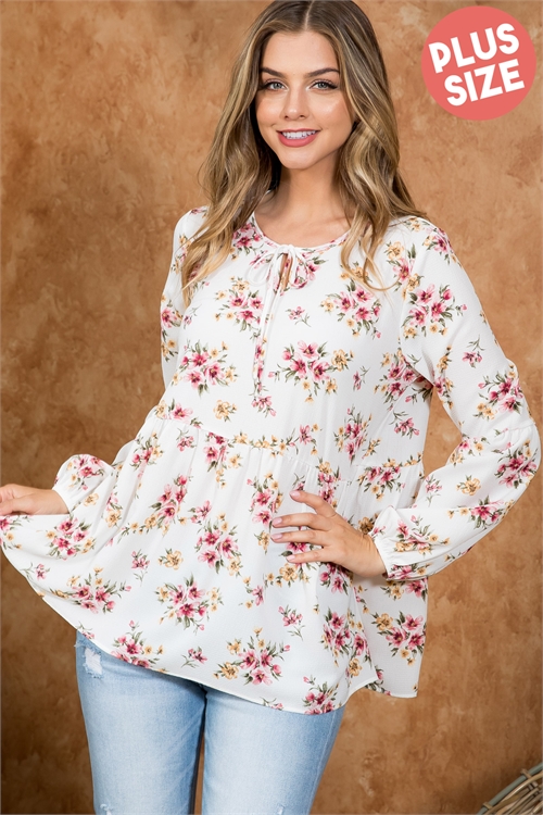 SA3-5-1-PPT21051X-IV - PLUS SIZE RIBBON DETAIL NECKLINE LONG SLEEVE FLORAL TOP- IVORY 3-2-1