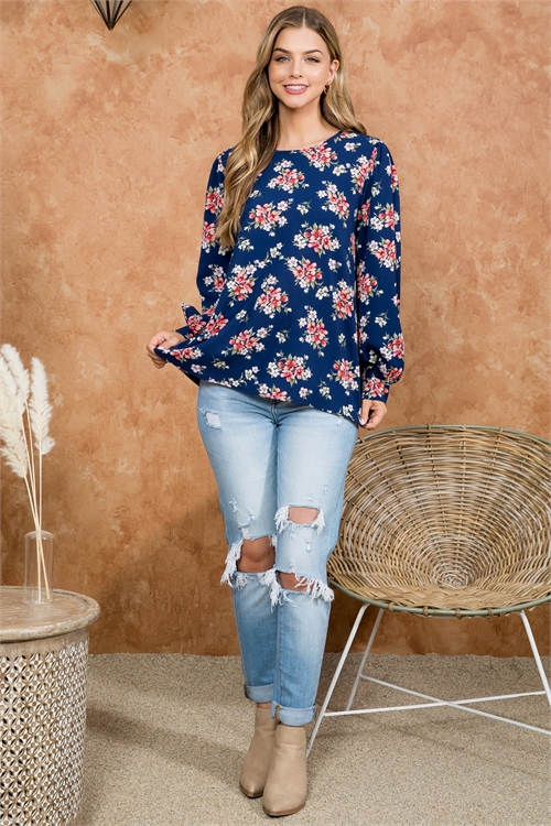S4-9-2-PPT21053-NV - FLORAL LONG SLEEVE KEYHOLE BACK TOP- NAVY 1-2-2-2 (NOW $5.75 ONLY!)