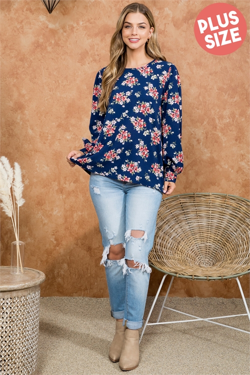 S4-3-2-PPT21053X-NV - PLUS SIZE FLORAL LONG SLEEVE KEYHOLE BACK TOP- NAVY 3-2-1 (NOW $6.75 ONLY!)