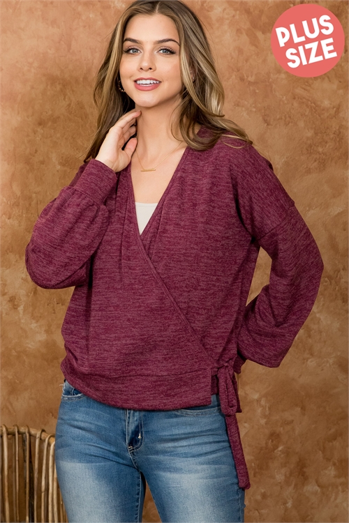 S12-7-2-PPT21061X-WN - PLUS SIZE SURPLICE NECKLINE LONG SLEEVE TOP- WINE 3-2-1 (NOW $9.50 ONLY!)