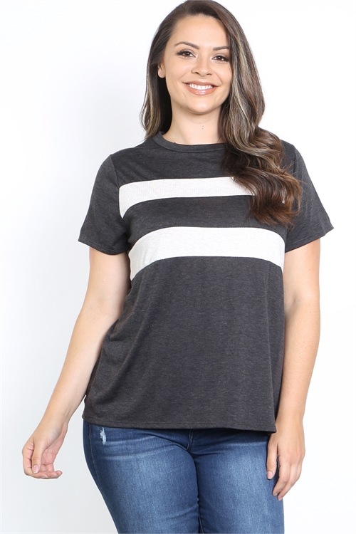 S14-2-1-PPT21066X-CHLOTM - RIB CONTRAST SHORT SLEEVE BASIC TOP- CHARCOAL-OATMEAL 3-2-1 (NOW $4.75 ONLY!)