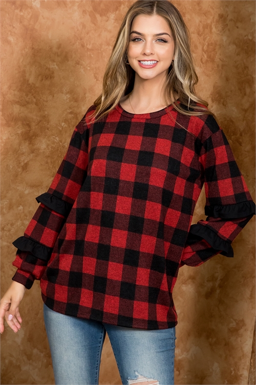 S4-2-1-PPT21067-RDBKBK - RUFFLE DETAIL LONG SLEEVE PLAID TOP- RED/BLACK-BLACK 1-2-2-2