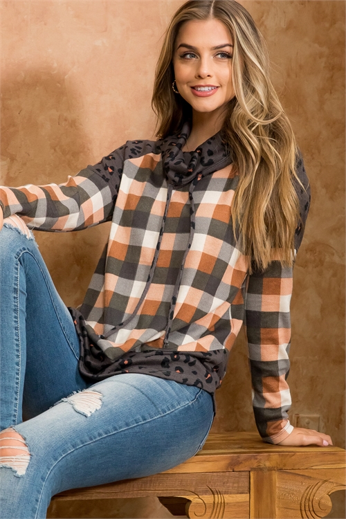 S11-20-2-PPT21069-ORGOV-1 - LEOPARD CONTRAST PLAID TURTLE NECK PULLOVER- ORANGE/OLIVE-OLIVE 1-3-0-0