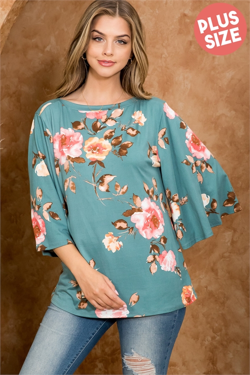 S16-9-5-PPT21070X-MNT-1 - PLUS SIZE BELL SLEEVED FLORAL TOP- MINT 2