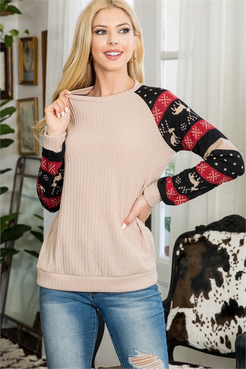 S8-11-2-PPT21072-TPRD-1 - GLITTER DETAIL MOOSE PRINT LONG SLEEVE RIB PULLOVER- TAUPE RED 1-2-0-0