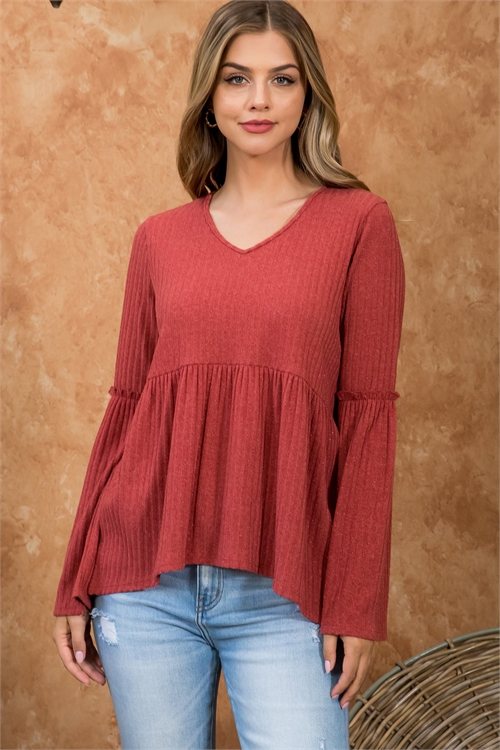 S8-8-1-PPT21073-RU - GLITTER DETAIL WIDE SLEEVE ELBOW SHIRRING DETAIL RIB TOP- RUST  1-2-2-2  (NOW $5.75 ONLY!)