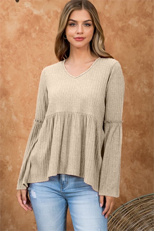 BLK6-1-PPT21073-TP-A - GLITTER DETAIL WIDE SLEEVE ELBOW SHIRRING DETAIL RIB TOP- TAUPE 3-4-0-1