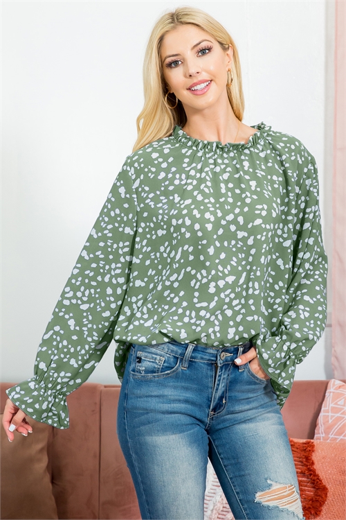 S4-7-3-PPT21074-SGIV-1 - FOLD FRILL NECKLINE LONG SLEEVE ANIMAL PRINT TOP- SAGE/IVORY 0-1-2-3