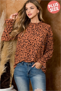 S5-7-1-PPT21074X-DRUBK - PLUS SIZE FOLD FRILL NECKLINE LONG SLEEVE ANIMAL PRINT TOP- D. RUST/BLACK 3-2-1