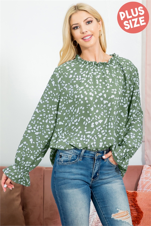 S10-9-4-PPT21074X-SGIV-1 - PLUS SIZE FOLD FRILL NECKLINE LONG SLEEVE ANIMAL PRINT TOP- SAGE/IVORY 2-2-1