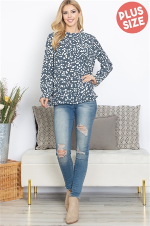 S5-7-1-PPT21074X-TLIV-1 - PLUS SIZE FOLD FRILL NECKLINE LONG SLEEVE ANIMAL PRINT TOP- TEAL/IVORY 2-2-0