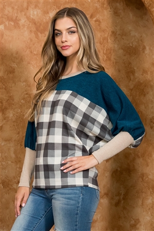 S11-16-2-PPT21075-GYTP - DOLMAN SLEEVE SOLID CONTRAST PLAID TOP- GREY/TAUPE-DARK PEACOCK-DARK TAUPE 1-2-2-2