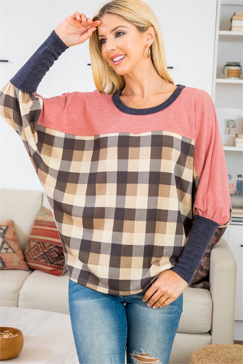S15-11-2-PPT21075-TPOV - DOLMAN SLEEVE SOLID CONTRAST PLAID TOP- TAUPE/OLIVE-DUSTY PINK-NEW CHARCOAL 1-2-2-2