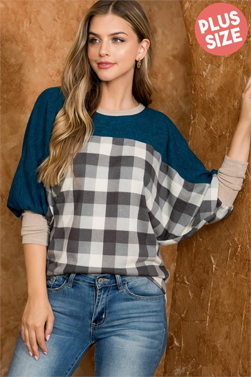S10-3-3-PPT21075X-GYTP - PLUS SIZE DOLMAN SLEEVE SOLID CONTRAST PLAID TOP- GREY/TAUPE-DARK PEACOCK-DARK TAUPE 3-2-1 (NOW $9.50 ONLY!)