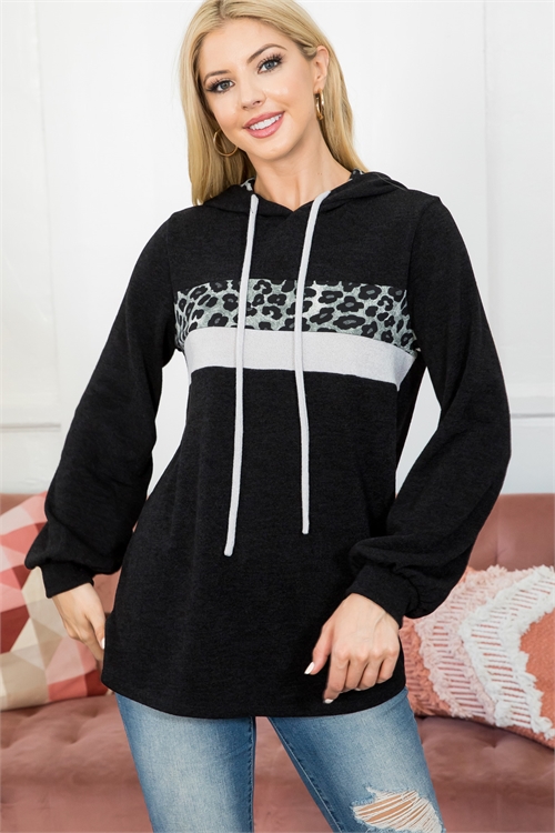 S10-19-1-PPT21078-BK-1 - LONG SLEEVE LEOPARD CONTRAST SELF TIE HOODIE- BLACK-GREY BLACK-LIGHT GREY 0-2-0-1